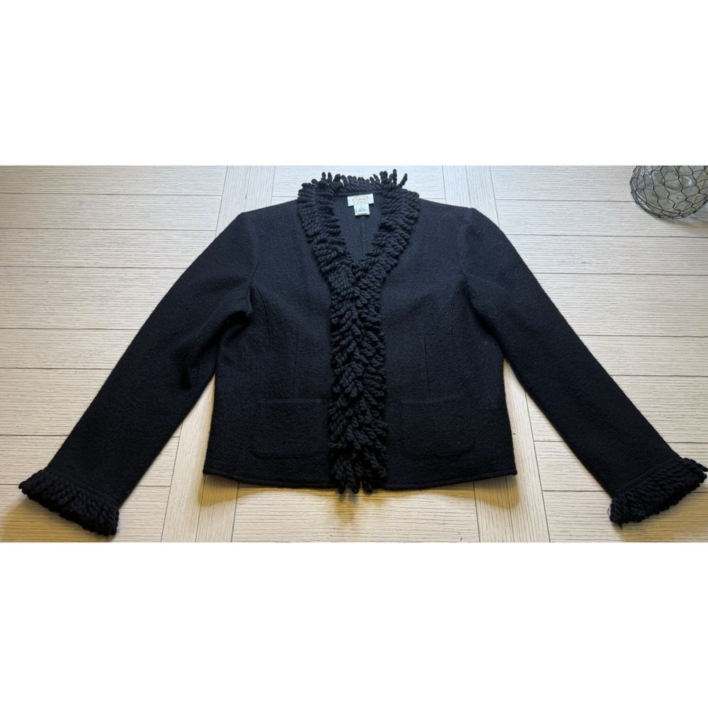 Talbots Black Wool Cardigan Fringe Trim Hidden Snap Close Petite‎ Sz L Glam Boho